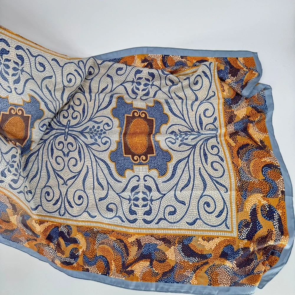 100% Silk Scarf Mosaic Print Bohemian Grandmacore Earth Tones Elegant Accessory